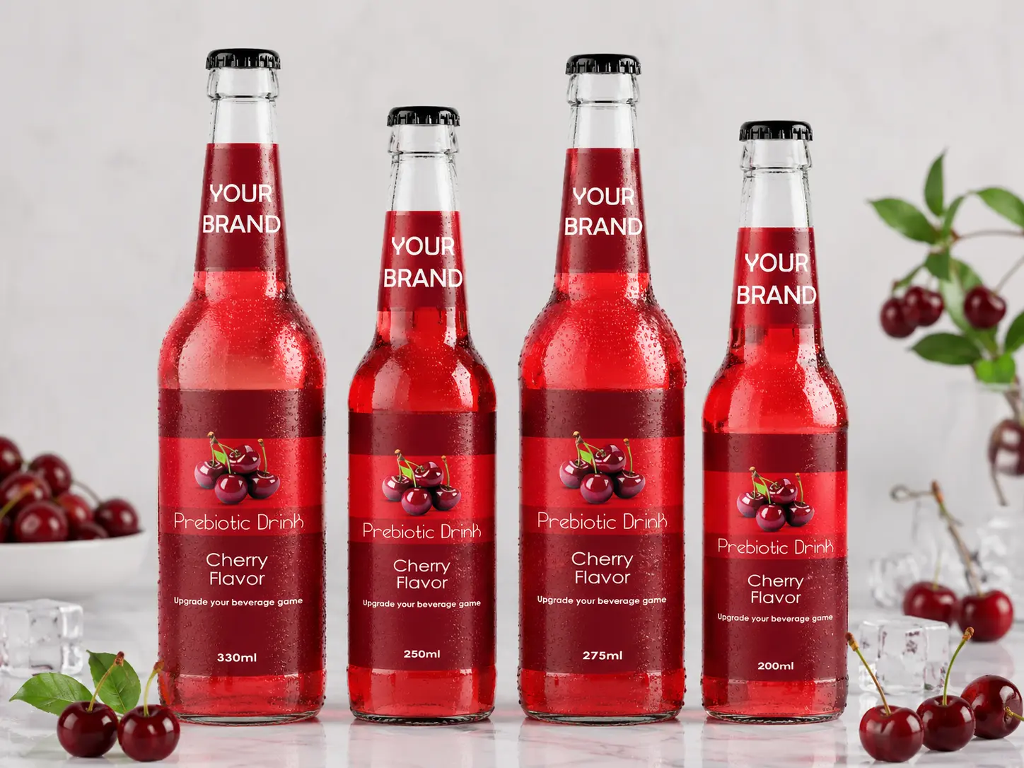 PREBIOTIC DRINK Cherry Flavor 330ml, 250ml, 275ml and 200ml glass bottles.
